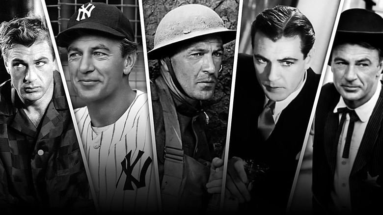 Gary Cooper in High Noon, Mr. Deeds Goes to Town, Pride of the Yankees, A Farewell to Arms, and Sergeant York, all in black and white.