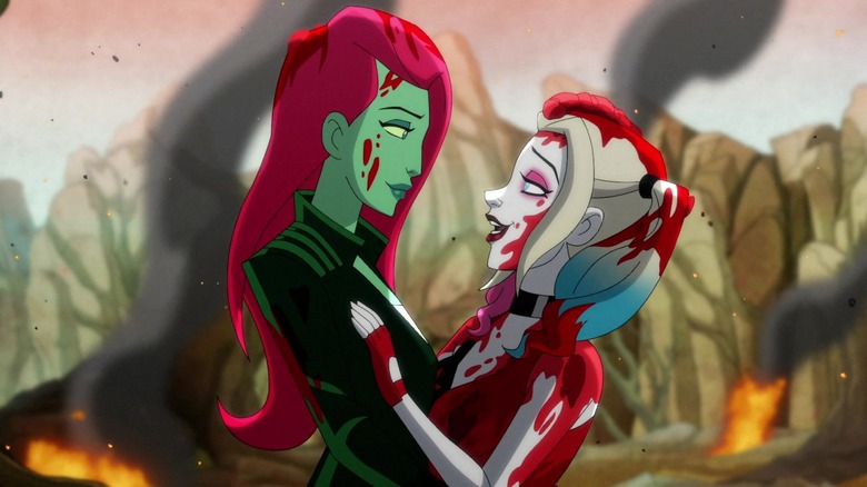 Harley Quinn's Ivy and Harley in each other's arms while covered in blood