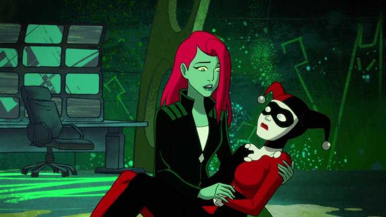 Harley Quinn's Ivy holding Harley in her arms 
