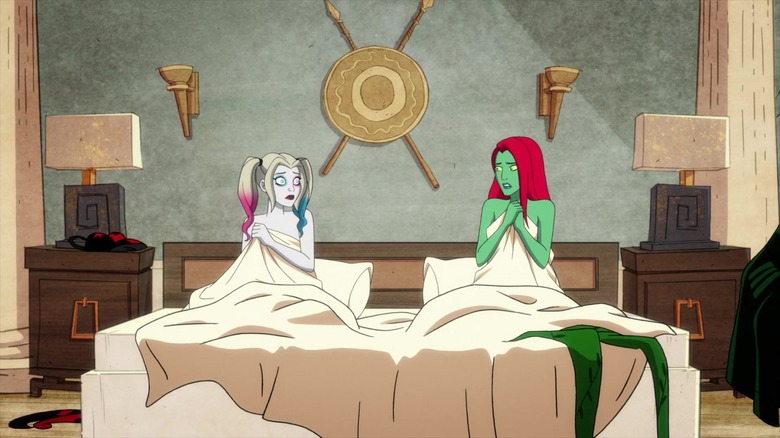 Harley Quinn's Harley and Ivy sitting up in bed with sheets around them