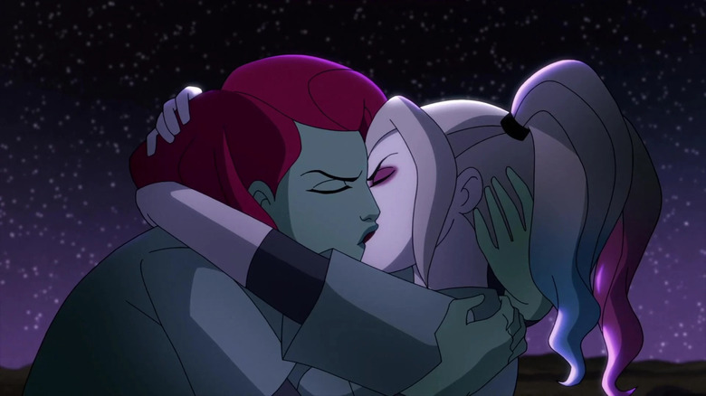 Harley Quinn's Ivy and Harley kissing with starry sky behind them