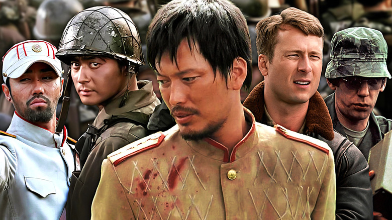 A collage of Rhee Su-hwa (Jung Jae-young) in Welcome to Dongmakgol flanked by Park Moo-rang (Cha Seung-won) in 71: Into the Fire, Lee Jin-tae (Jang Dong-gun) in Taegukgi: The Brotherhood of War, Tom Hudner (Glen Powell) in Devotion (2022), and Hawkeye Pierce (Donald Sutherland) in M*A*S*H