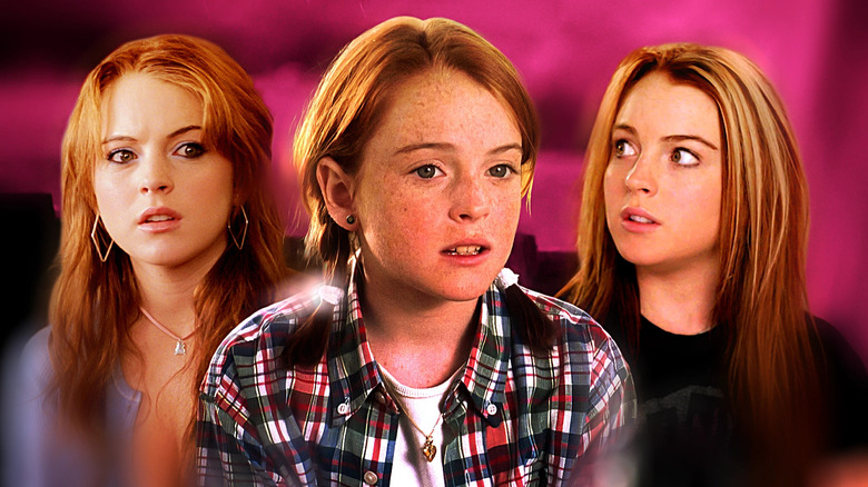 Composite image with pink background featuring Lindsay Lohan as Cady in Mean Girls, Hallie in Parent Trap, and Anna in Freaky Friday