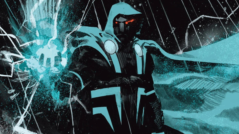 Stylized comic book image of Doom 2099 with a blue cape standing in the rain and summoning blue energy in a comic book panel