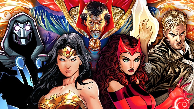 Comic book images of Doom 2099, Wonder Woman, Doctor Strange, Scarlet Witch, and John Constantine