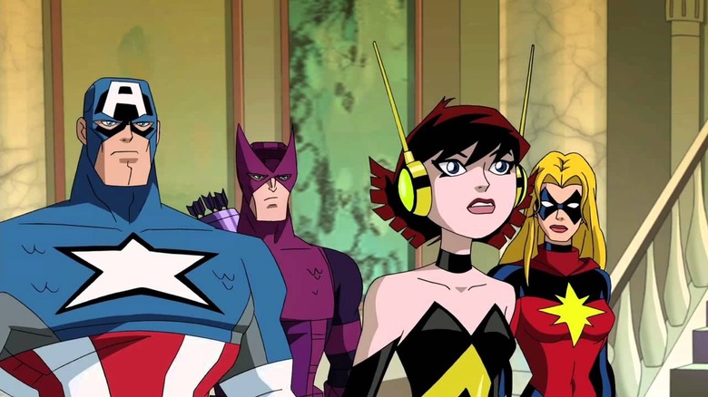 Captain America, Hawkeye, Wasp, and Ms. Marvel standing together in Avengers: Earth's Mightiest Heroes