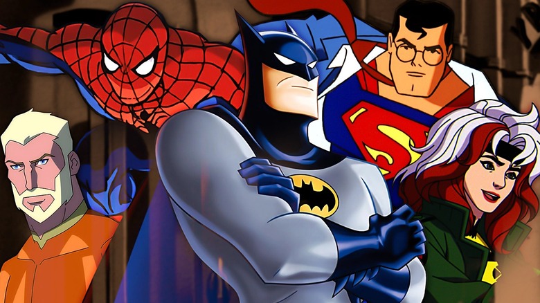 Aquaman, Spider-Man, Batman, Superman, and Rogue standing together