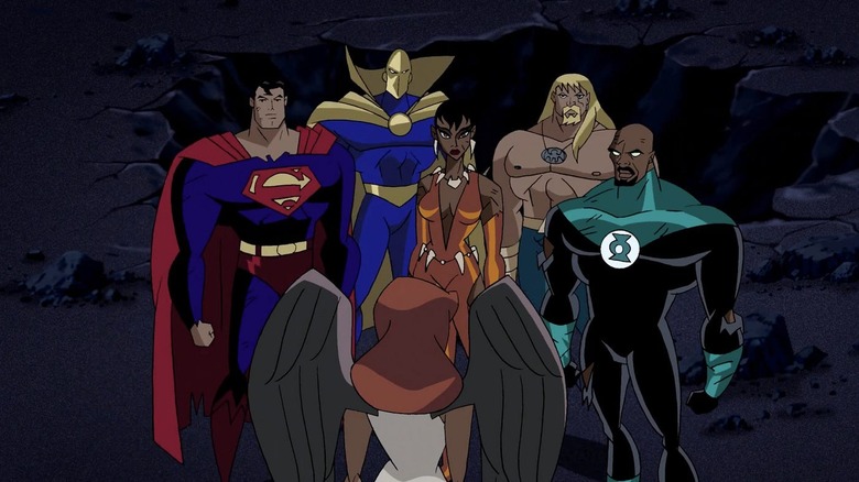 The Justice League confronting Hawkgirl in Justice League Unlimited