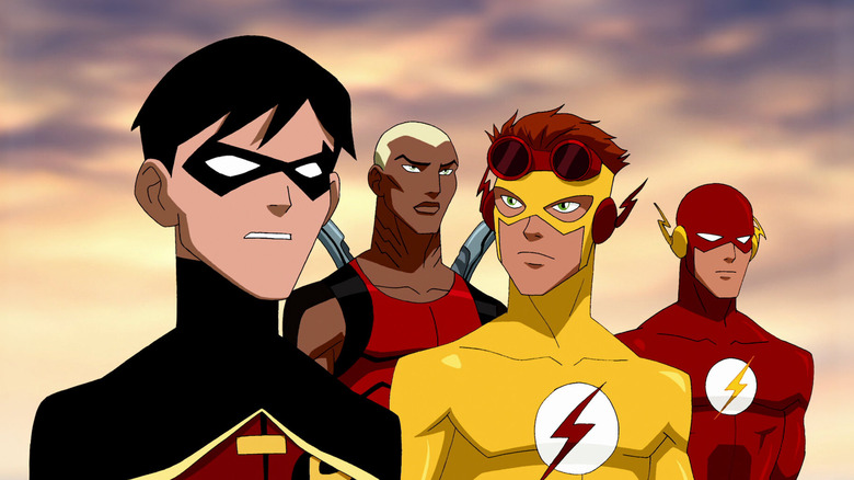 Robin, Aquaboy, Kid Flash, and The Flash standing together on Young Justice
