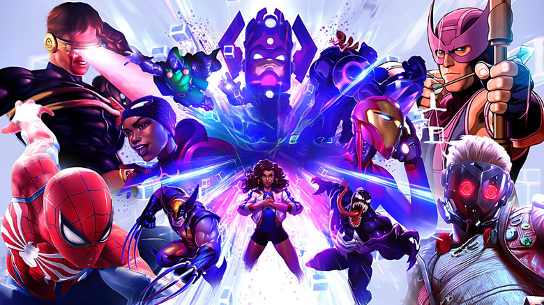 A collage of the key art for Marvel Snap surrounded by Spider-Man (Yuri Lowenthal) from Marvel's Spider-Man, Cyclops (Josh Keaton) in X-Men Legends II: Rise of Apocalypse, Hawkeye (Chris Cox) in Ultimate Marvel vs. Capcom 3, and Star-Lord (Jon McLaren) in Marvel's Guardians of the Galaxy