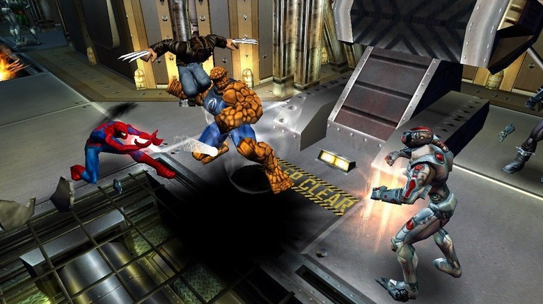 Spider-Man (Quinton Flynn), Wolverine (Steve Blum), and the Thing (Gregg Berger) attack a robot in Marvel: Ultimate Alliance