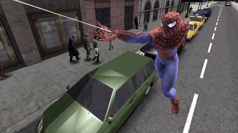 Spider-Man (Tobey Maguire) swings through the streets of Manhattan in Spider-Man 2