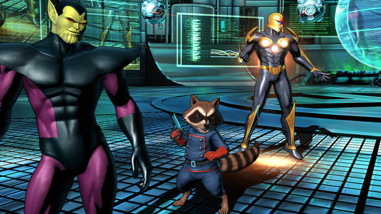Super-Skrull (Charlie Adler), Rocket Raccoon (Greg Ellis), and Nova (Troy Baker) prepare for battle in Ultimate Marvel vs. Capcom 3