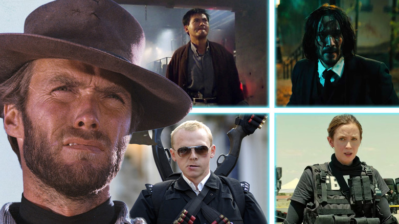 Shots from Hard Boiled, John Wick: Chapter 4, Hot Fuzz and Sicario next to Clint Eastwood in The Good, the Bad and the Ugly