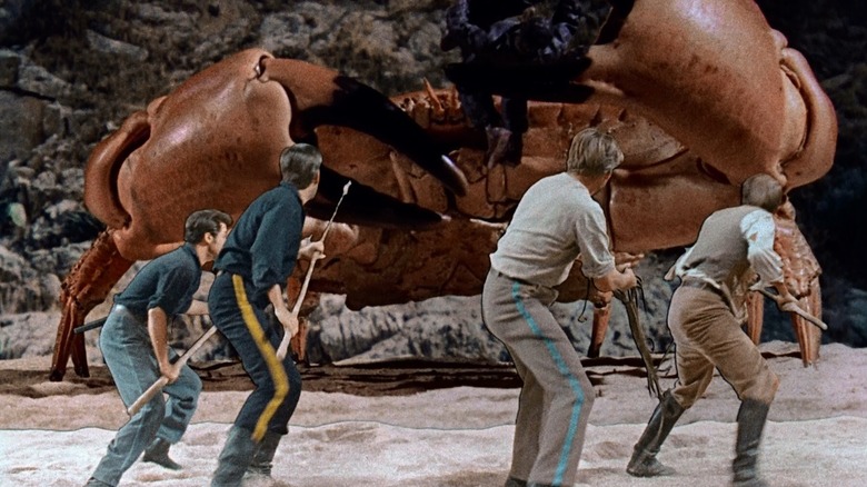 A crew battles a giant crab in Mysterious Island