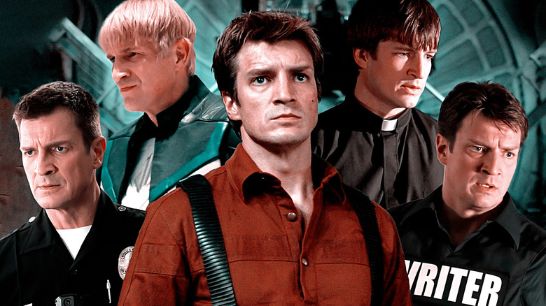 John Nolan (Nathan Fillion), Guy Gardner (Fillion), Malcolm Reynolds (Fillion), Caleb (Fillion), and Richard Castle (Fillion) next to one another