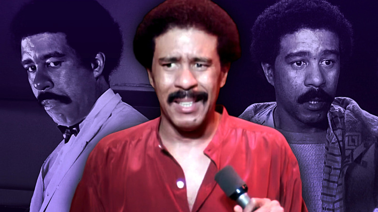 A collage of Richard Pryor in Richard Pryor: Live in Concert flanked by Grover T. Muldoon (Pryor) in Silver Streak and Herman Smith (Pryor) in The Wiz
