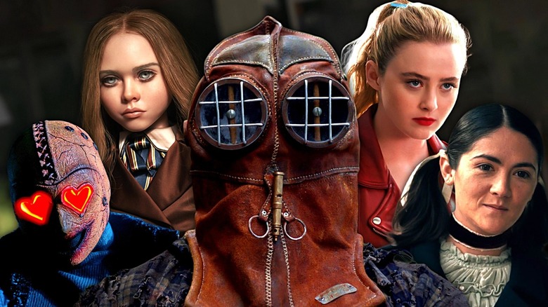 A composite image showing the Heart Eyes killer from Heart Eyes, M3GAN from M3GAN, Johnny from In a Violent Nature, Kathryn Newton as the Blissfield Butcher from Freaky, and Isabelle Fuhrman as Esther from Orphan: First Kill