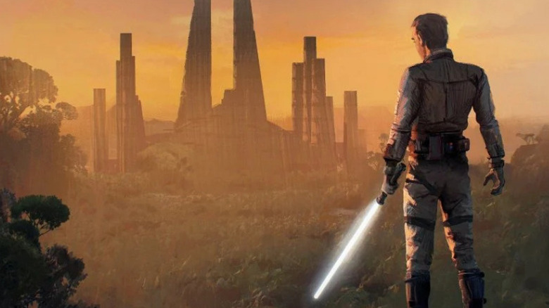 Corran Horn stands before a structure on the cover of I, Jedi