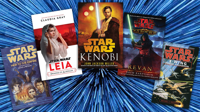 An assembly of Star Wars book covers in front of hyperspace