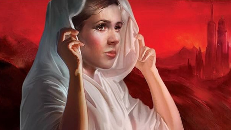 Carrie Fisher as Princess Leia Organa wears a white robe on the cover of Leia, Princess of Alderaan