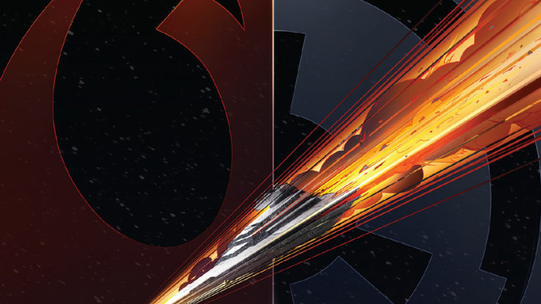 Starship crash between Rebel and Empire logos on the Lost Stars cover