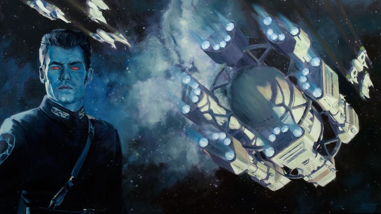 Thrawn next to the Outbound Flight on the Star Wars book's cover art