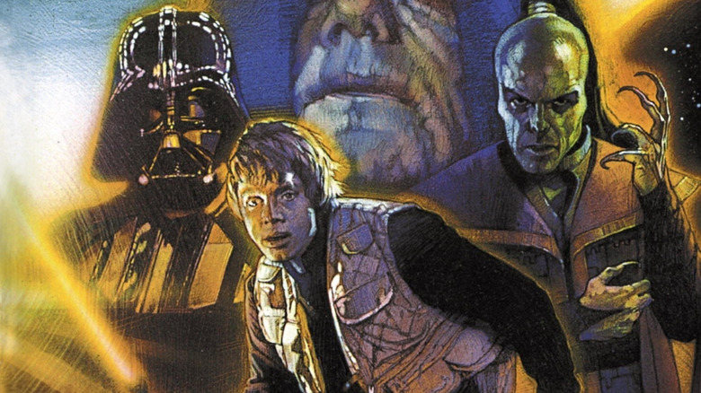Luke plagued by Darth Vader and Xizor on the Shadows of the Empire cover