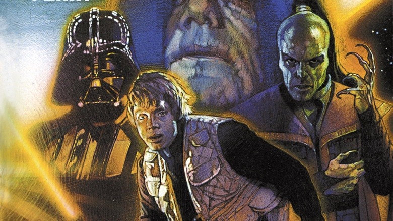 Luke plagued by Darth Vader and Xizor on the Shadows of the Empire cover