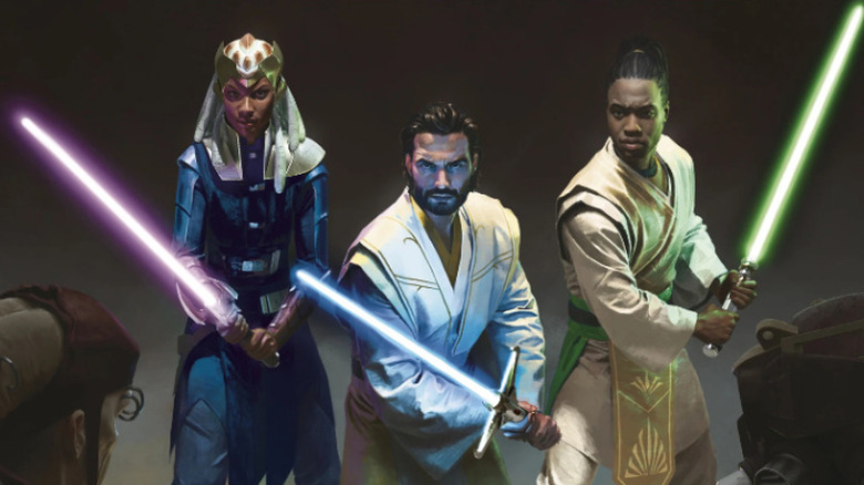 Three Jedis hold lightsabers on the book cover for Star Wars: The Rising Storm