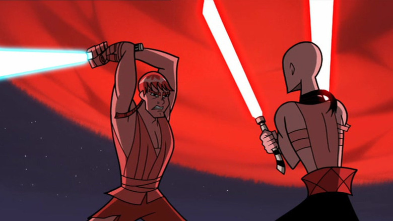 Anakin Skywalker prepares to swing his lightsaber at Asajj Ventress (Grey DiLisle) under a large red moon in Star Wars: Clone Wars