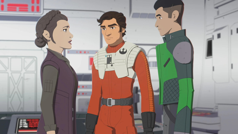 General Leia Organa (Carolyn Hennesy) speaks with Poe Dameron (Oscar Isaac) and Kaz Xiono (Christopher Sean) in Star Wars Resistance