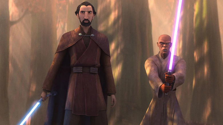 Count Dooku (Corey Burton) and Mace Windu (TC Carson) stand together with their lightsabers ignited in Star Wars: Tales of the Jedi