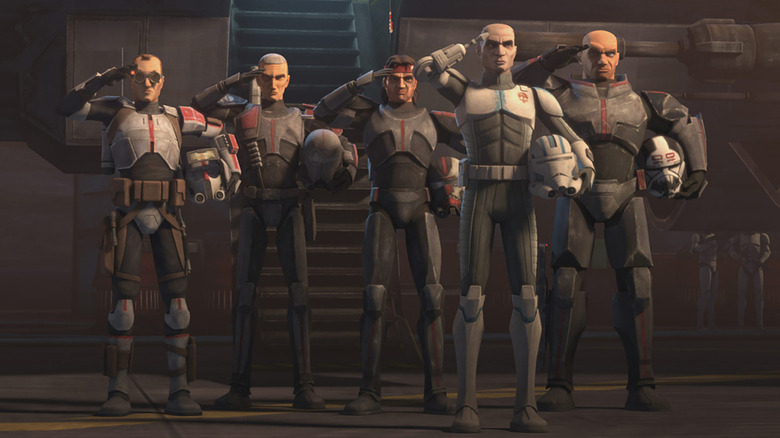 The Bad Batch (Dee Bradley Baker) salute while holding their helmets in Star Wars: The Bad Batch
