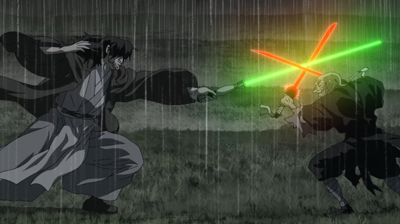 Tajin Crosser (Takaya Hashi) duels the Elder (Kenichi Ogata) with lightsabers on a rainy field in Star Wars: Visions