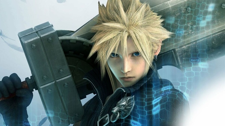 Cloud holding sword over shoulder in Final Fantasy: Advent Children (2005)