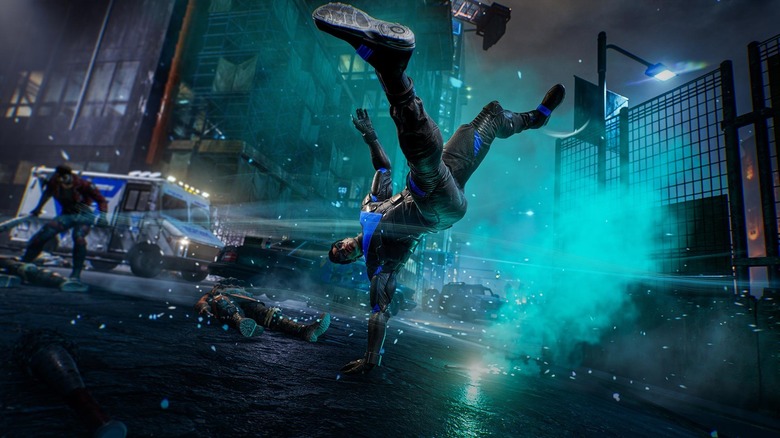 Nightwing fighting acrobatically in Gotham Knights