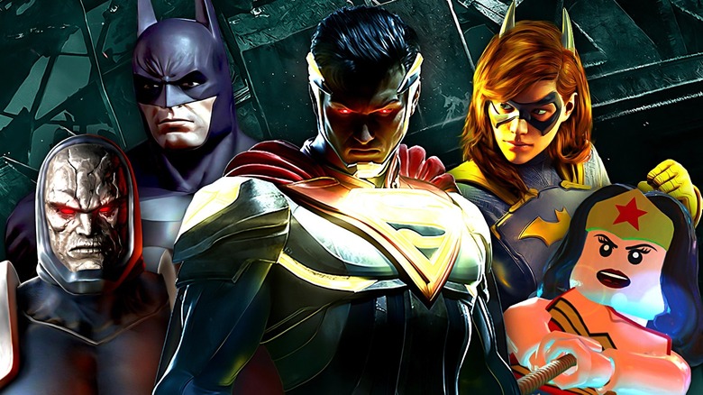 Composite image of Darkseid from Mortal Kombat vs. DC Universe, Batman from Batman: Arkham City, Superman from Injustice 2, Batgirl from Gotham Knights, and Wonder Woman from Lego Batman 2: DC Super Heroes