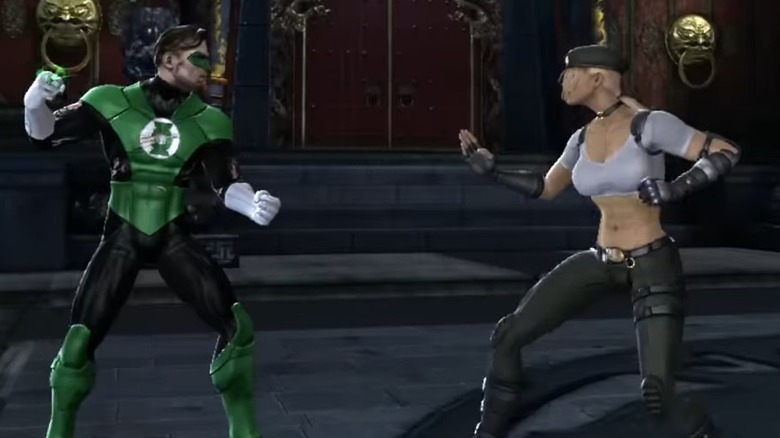 Sonya Blade fighting Green Lantern in Mortal Kombat vs. DC Universe