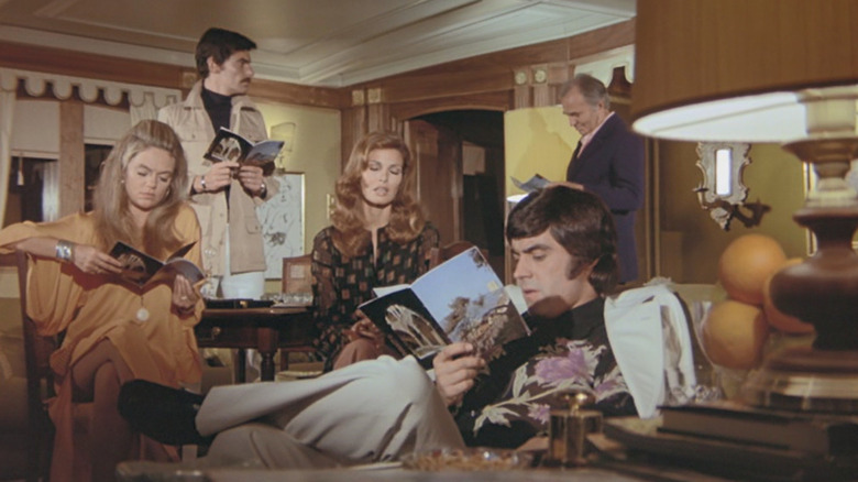 Dyan Cannon as Christine, Richard Benjamin as Tom, Raquel Welch as Alice, Ian McShane as Anthony, and James Mason as Philip, avoiding the truth in The Last of Sheila