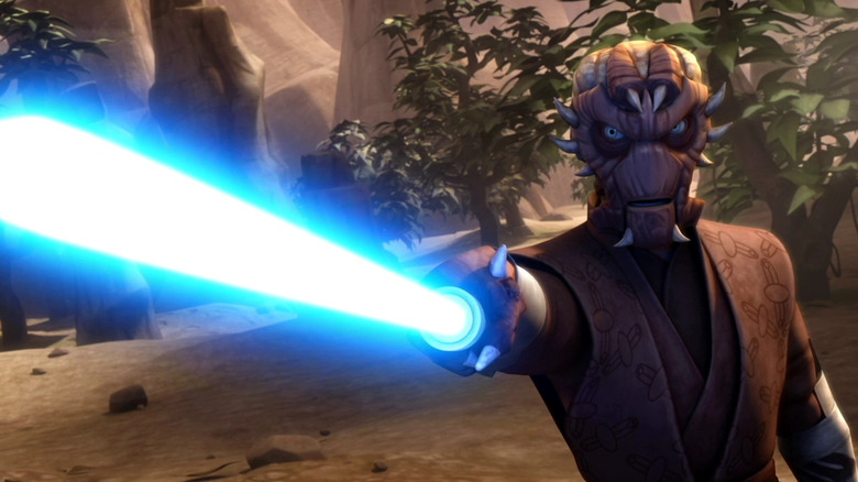 Ima-Gun Di wielding a blue lightsaber in Star Wars: The Clone Wars