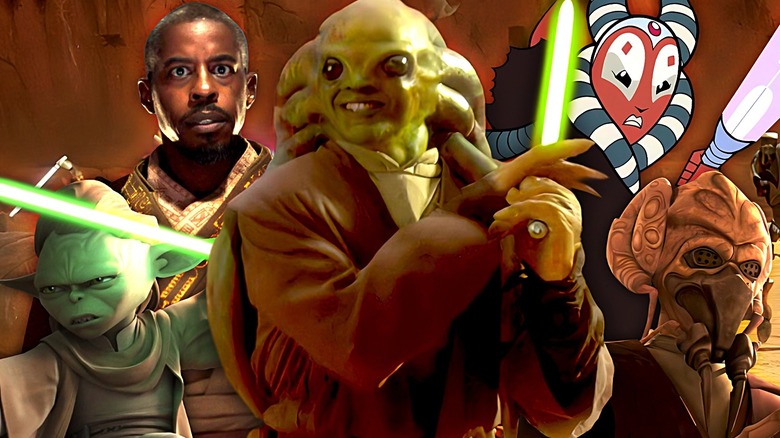 Kit Fisto in Attack of the Clones surrounded by Yaddle in Clone Wars, Ahmed Best as Kelleran Beq in The Mandalorian, Shaak Ti in Clone Wars shorts, and Plo Koon in Clone Wars