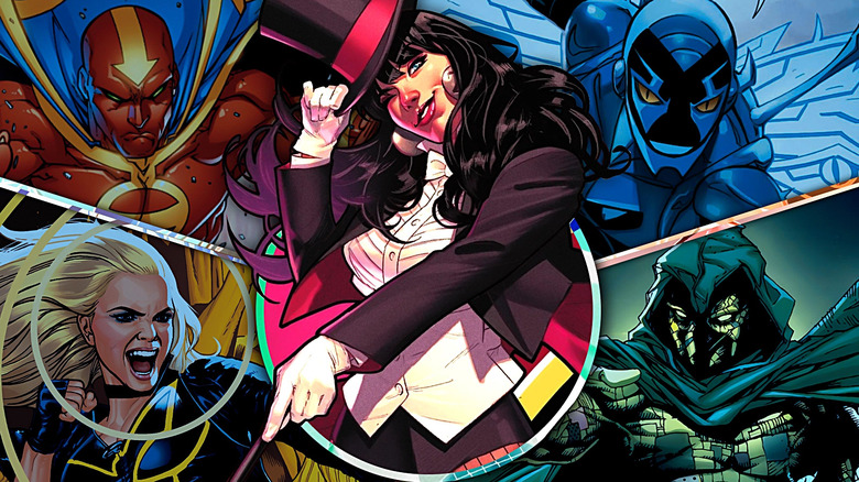 A collage of Zatanna surrounded by Black Canary, Red Tornado, Blue Beetle, and Ragman