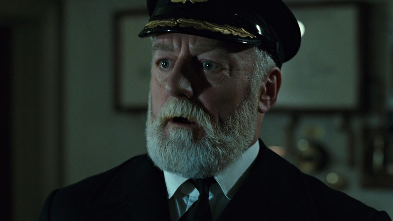 Titanic's Captain Smith close-up looking alarmed