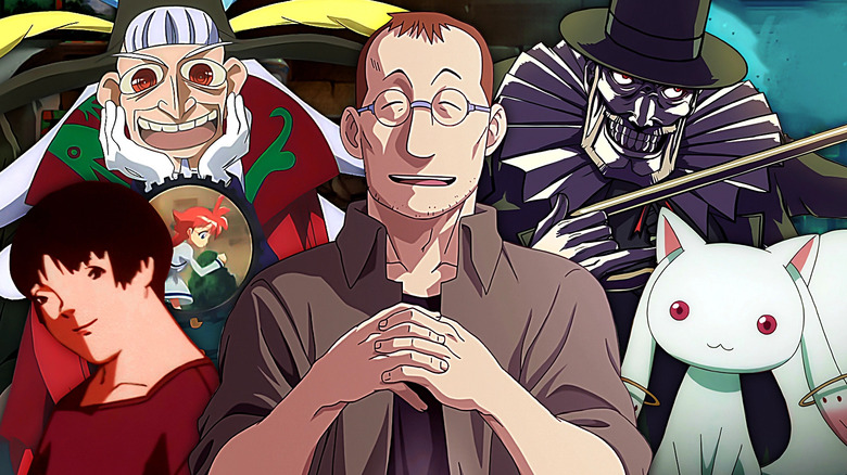 A collage of Shou Tucker in Fullmetal Alchemist surrounded by Rumi Hidaka in Perfect Blue, Drosselmeyer in Princess Tutu, Mad Pierrot in Cowboy Bebop, and Kyubey in Puella Magi Madoka Magica