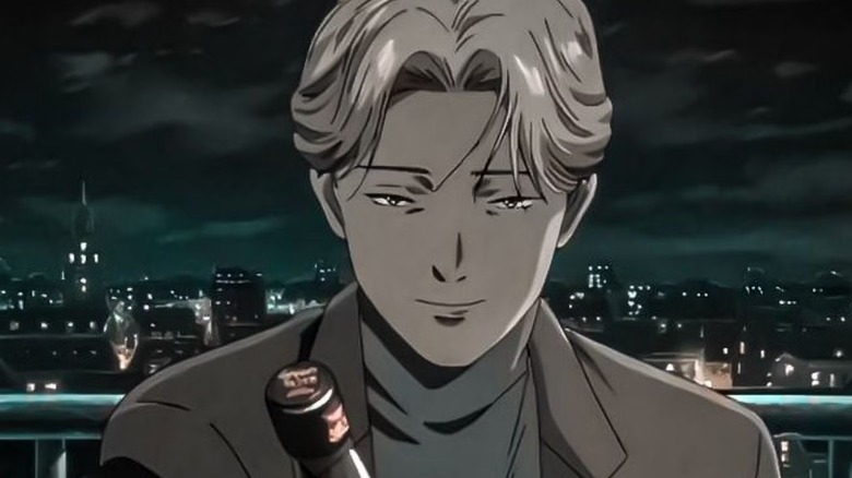 Johan Liebert smiles holding a bottle of wine in Monster