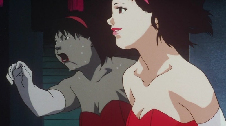 A reflection of a sweaty running Rumi Hidaka runs next to an image of Mima Kirigoe in Perfect Blue