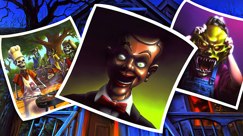 A collage of the Goosebumps covers to original editions of Say Cheese and Die!, Night of the Living Dummy, and The Haunted Mask, with the cover to Welcome to Dead House in the background