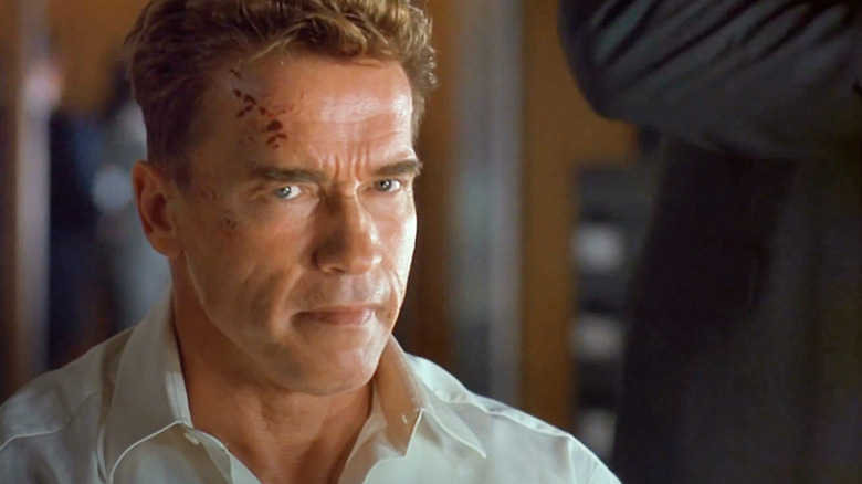 A scraped up Gordon Brewer (Arnold Schwarzenegger) looks sternly in Collateral Damage (2002)