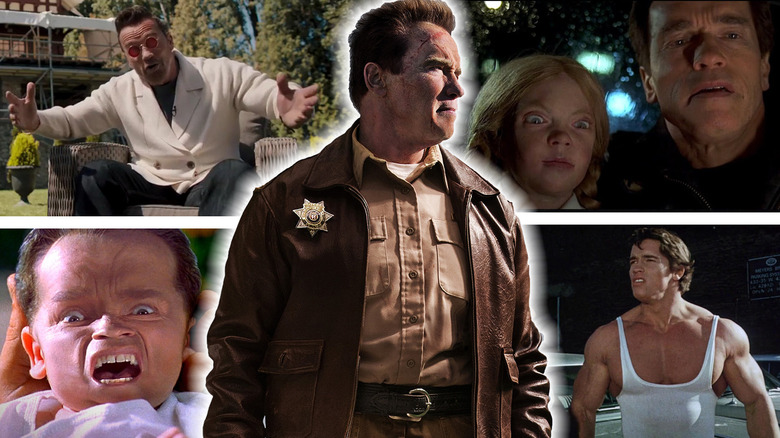 A collage with Ray Owens (Arnold Schwarzenegger) in The Last Stand in the center surrounded by Gunther Bendik (Schwarzenegger) in Killing Gunther, Adam Gibson (Schwarzenegger) in The 6th Day, Hercules (Schwarzenegger) in Hercules in New York, and a nightmarish baby (Schwarzenegger) in Junior (1994)